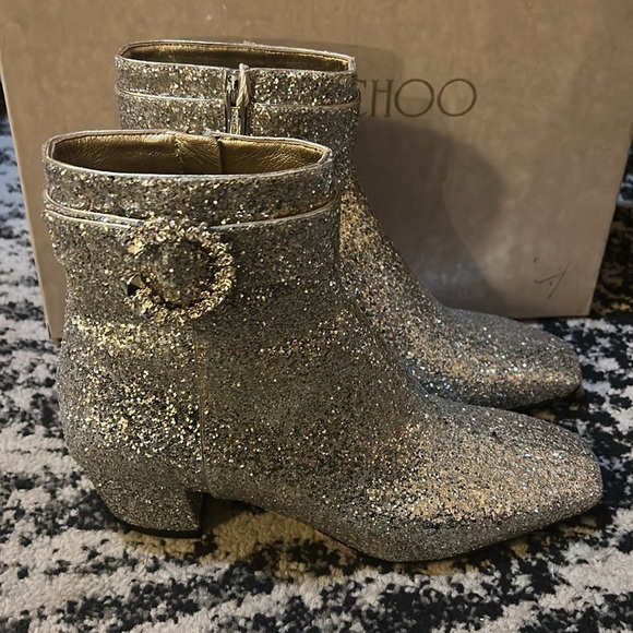 JIMMY CHOO Dazzling Coarse Glitter Fabric Crystal Myan 45 Boots Platinum size 38